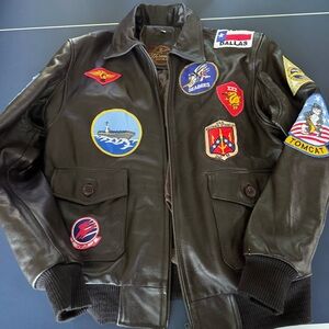 Avirex Dark Brown Bomber Jacket with Colorful Patches